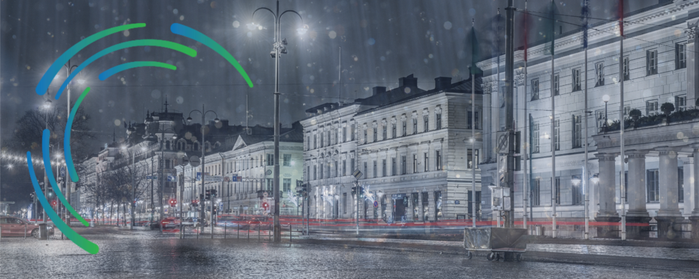 Buildings covered in pouring rain